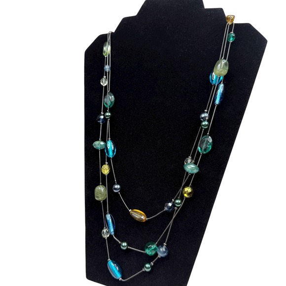 Lia Sophia Multi Strand Glass Beaded Necklace Gun Metal Silver Tone Jewelry 32in - Picture 7 of 9